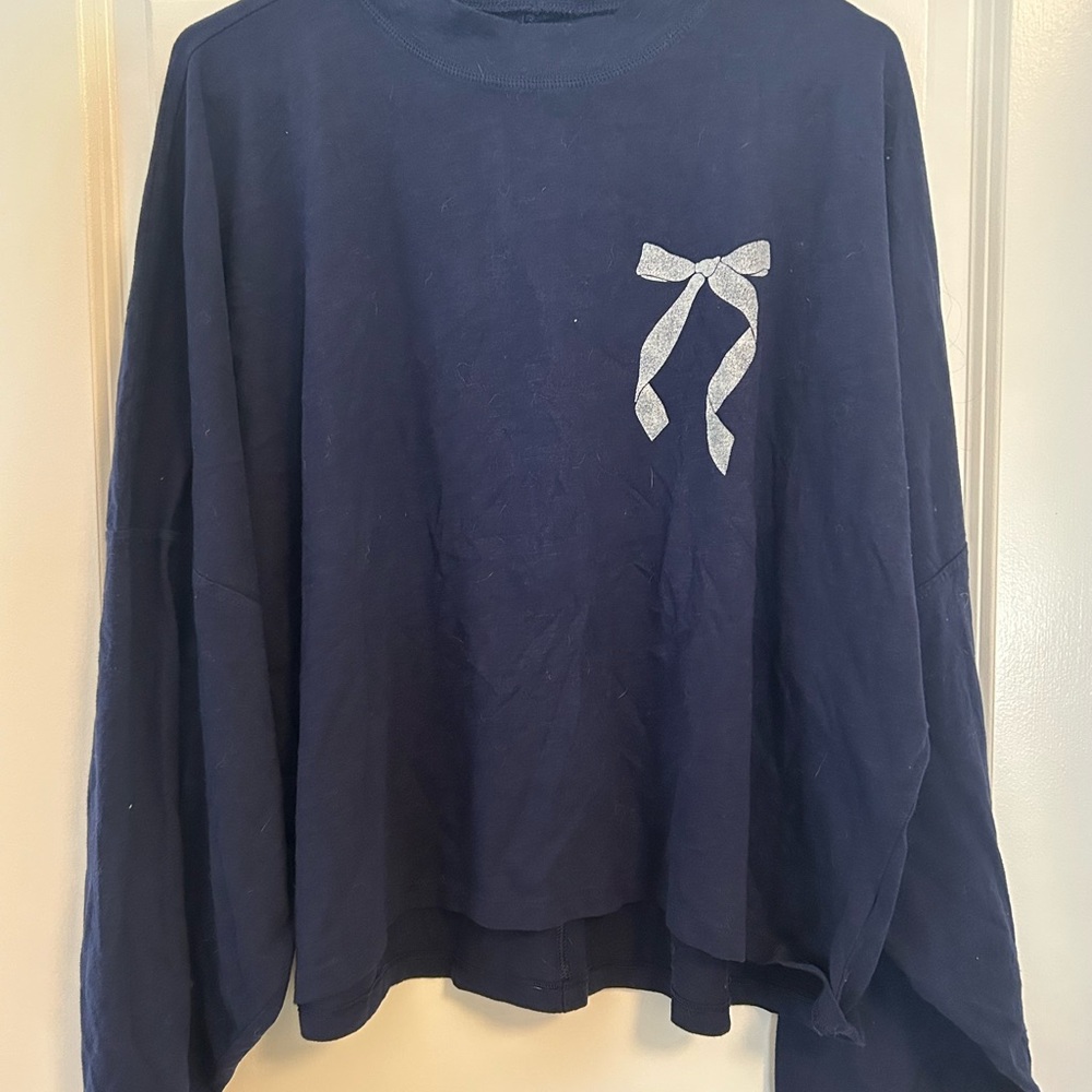 Aerie Navy Long Sleeve Tee with Silver Bow